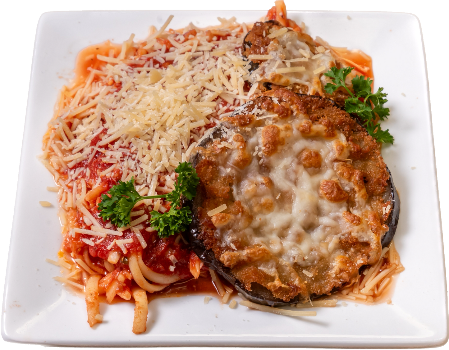 Eggplant Parmesan over Linguinie